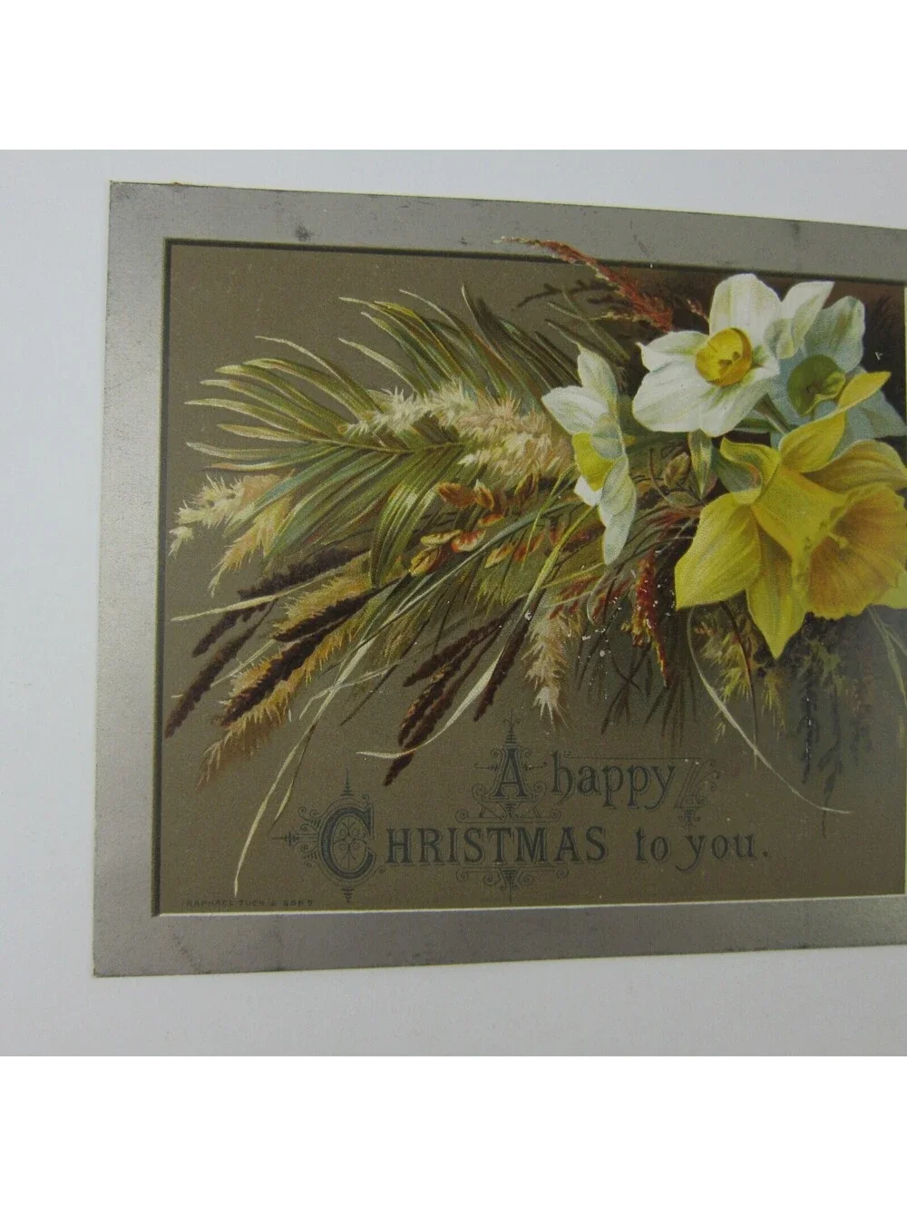 Victorian Christmas Card Flowers Yellow & White Raphael Tuck & Sons Antique
